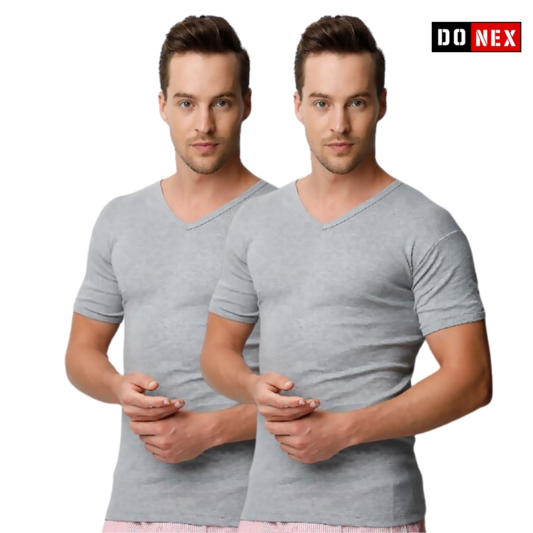 2 Stuks T-shirt V hals – DONEX® – 100% katoen – Grijs